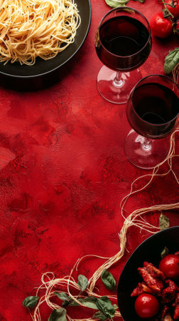 Italian food background. Spaghetti with tomatoes and red wine. Top view with copy spaceの素材