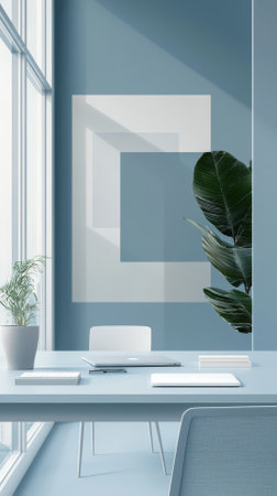 Contemporary office interior with blue walls, concrete floor, white computer tables with white chairs and green plants. 3d renderの素材