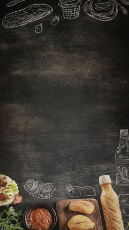 Chalkboard background with food ingredients and copy space. Top viewsの素材