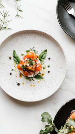 salmon tartare with basil and pepper - healthy food and drinkの素材