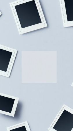 Design concept - top view of blank photo frame on gray background for mockup, it's real photo, not 3D renderの素材