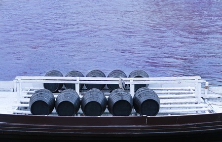 barrels of port wine on the boatの写真素材