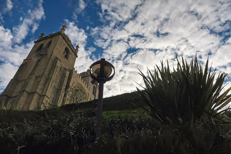 medieval stone castle on a background of blue sky and white clouds view through the grassのeditorial素材