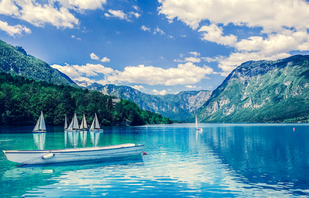 Lake Bled with Luminescent against the backdrop of the Alpsの写真素材
