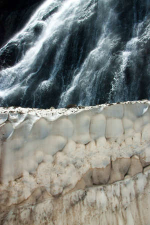 Waterfalls and glaciers and green valleys. Exotic picture - ice, water, forest, summer in one paletteの写真素材