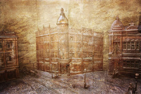 Various aged buildings as an old paper backgroundのeditorial素材