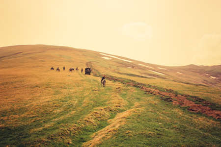 Mountain landscape with people and horses. People riding in the mountainsの写真素材