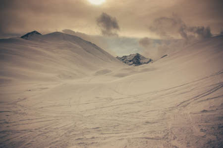 Winter mountains panorama with ski slopes. Caucasusの写真素材
