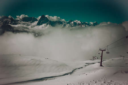 Winter mountains panorama with ski slopes. Caucasusの写真素材