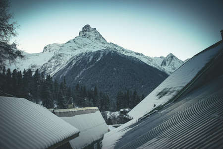 Winter mountains panorama with ski slopes. Caucasusの写真素材