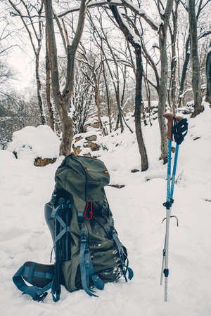 Lifestyle tourism nature winter outdoors, backpack and trekking poles in the forest.の写真素材