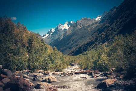 Mountain Valley a top view of the river bed. Landscape with a mountain river. Landscape with mountains trees and a river.の写真素材