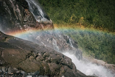Mountain Valley a top view of the river bed. Landscape with a mountain river. Landscape with mountains trees and a river.の写真素材