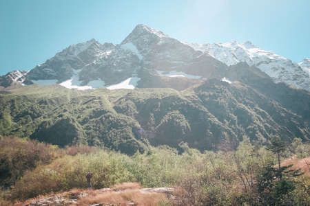 Mountain Valley, Alpine landscape areas. Panoramic view of mountains, trees, glacier.の写真素材