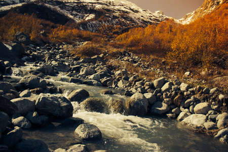 Mountain Valley a top view of the river bed. Landscape with a mountain river. Landscape with mountains trees and a river.の写真素材