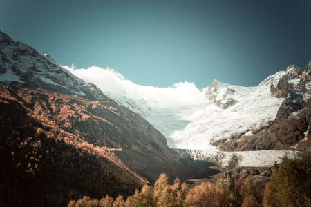 Mountain Valley, Alpine landscape areas. Panoramic view of mountains, trees, glacier.の写真素材