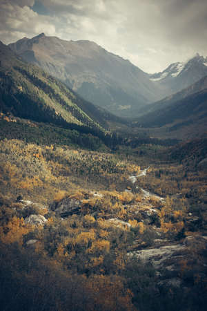 Mountain Valley a top view of the river bed. Landscape with a mountain river. Landscape with mountains trees and a river.の写真素材