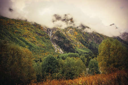 Mountain Valley a top view of the river bed. Landscape with a mountain river. Landscape with mountains trees and a river.の写真素材