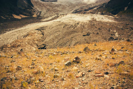 Mountain Valley, Alpine landscape areas. Panoramic view of mountains, trees, glacier.の写真素材