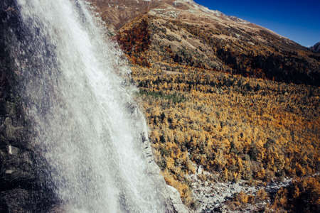 Mountain Valley a top view of the river bed. Landscape with a mountain river. Landscape with mountains trees and a river.の写真素材