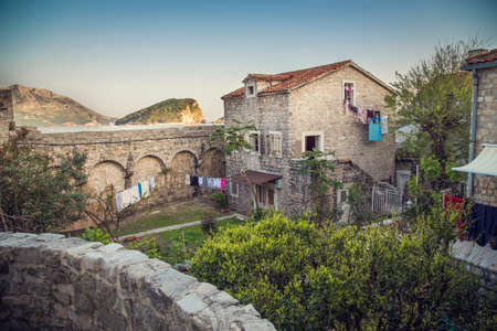 The ancient city on the coastline of Adriatic sea. Budva. Montenegro. Budva riviera. Ancient fortress the in Venetian style.のeditorial素材
