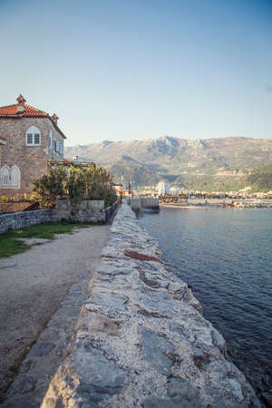 The ancient city on the coastline of Adriatic sea. Budva. Montenegro. Budva riviera. Ancient fortress the in Venetian style.のeditorial素材