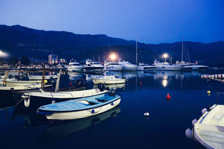 Yachts and boats in the bay, Budva, Montenegro, Adriatic Sea, Mediterranean Sea.の写真素材