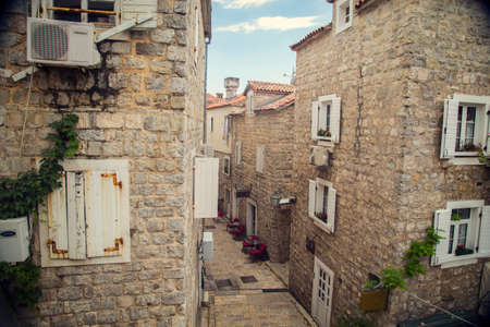 The ancient city on the coastline of Adriatic sea. Budva. Montenegro. Budva riviera. Ancient fortress the in Venetian style.のeditorial素材