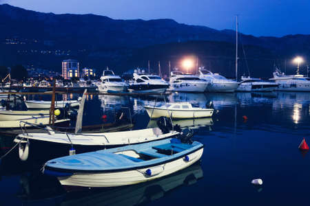Yachts and boats in the bay, Budva, Montenegro, Adriatic Sea, Mediterranean Sea.の写真素材