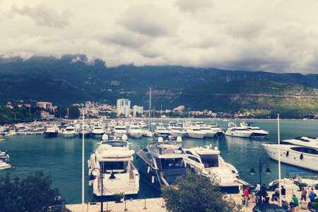 Yachts and boats in the bay, Budva, Montenegro, Adriatic Sea, Mediterranean Sea.の写真素材