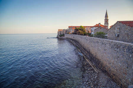 The ancient city on the coastline of Adriatic sea. Budva. Montenegro. Budva riviera. Ancient fortress the in Venetian style.のeditorial素材