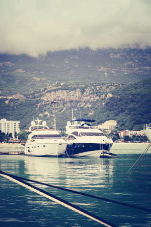 Yachts and boats in the bay, Budva, Montenegro, Adriatic Sea, Mediterranean Sea.の写真素材