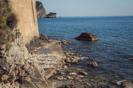 The ancient city on the coastline of Adriatic sea. Budva. Montenegro. Budva riviera. Ancient fortress the in Venetian style.のeditorial素材