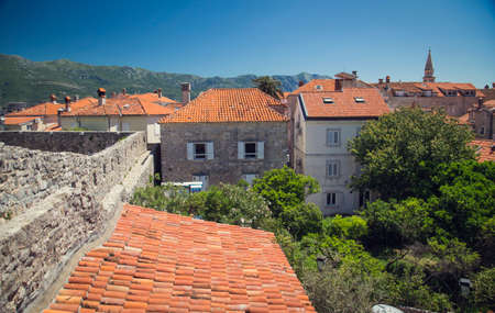 The ancient city on the coastline of Adriatic sea. Budva. Montenegro. Budva riviera. Ancient fortress the in Venetian style.のeditorial素材