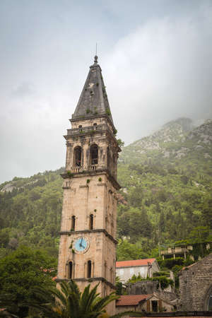 Ancient walls old town Boka Kotorska on the Adriatic Sea, Mediterranean Sea, Montenegro, Europe. Boka Kotorska - the medieval cities of the Venetian style in the Mediterraneanのeditorial素材