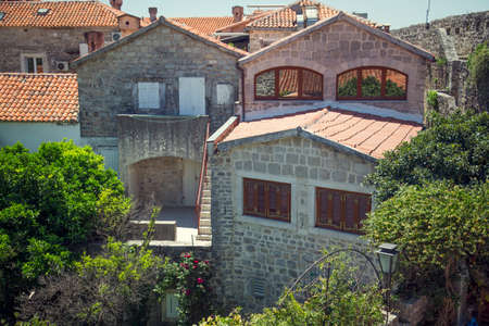 The ancient city on the coastline of Adriatic sea. Budva. Montenegro. Budva riviera. Ancient fortress the in Venetian style.のeditorial素材