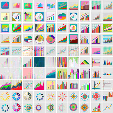 Set of flat icons instrument charts and graphs financial, business, graph reports, statistical information, analysis tools. Infographic vector illustration.のイラスト素材