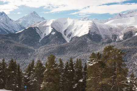 Winter landscape of snowy mountains on a clear day. The concept of travel, scenic views of rocky peaks and slopes with coniferous forest.の写真素材