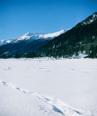 Winter landscape of snowy mountains on a clear day. The concept of travel scenic views of rocky peaks and slopes with coniferous forest.の写真素材