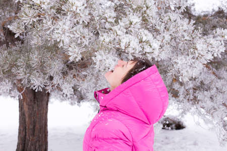 Woman with holiday Lifestyle in the winter forest. Happy little girl playing in the snow against a pine forest. The concept of active holiday adventures in the wild.の写真素材
