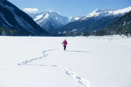 Woman with holiday Lifestyle forest and mountains on the background of the concept of adventure outdoor activities in the wild.の写真素材