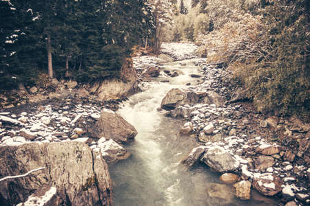 Mountain river with clean drinking water, stormy riverbed, scenic landscape in the natural ecological zone.の写真素材