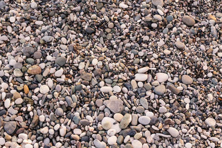 Sea pebble beach stones. Background texture coastline surf with wet round cobblestones.の写真素材