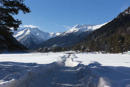 Winter panorama of the mountain with valleys and forest. Caucasus. Landscape of high peaks in clear weather. The concept of travel and leisure, winter sports, lifestyle, adventure.の写真素材