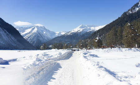 Winter panorama of the mountain with valleys and forest. Caucasus. Landscape of high peaks in clear weather. The concept of travel and leisure, winter sports, lifestyle, adventure.の写真素材