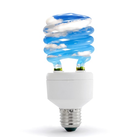Sky, clouds, in energy saving lamp on white background.の写真素材