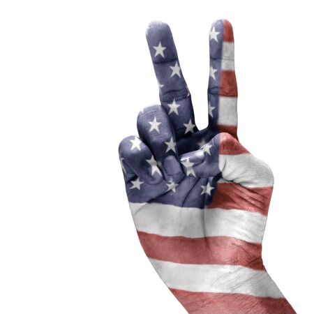 American flag on hand with a white background.の写真素材