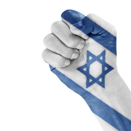 Israel flag on hand with a white background の写真素材