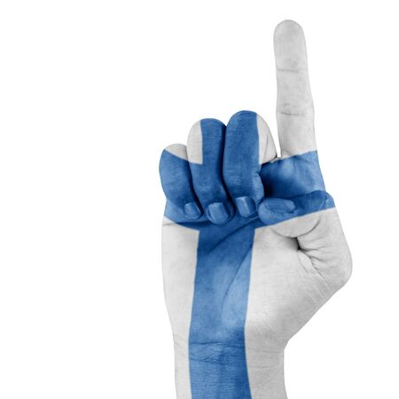 Finland flag drawn on pointing up hand gesture with white background.の写真素材