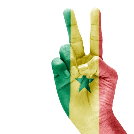 Senega flag on victory hand with a white background.の写真素材